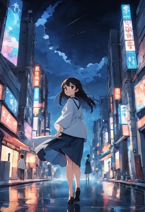 Urban background、Woman smiling at me as she turns around、、A dark-haired、Denim on white shirt、Casket、starrysky、2 days and months、Dreamy scenery、From a distance、Building Street、near future、the wind、TOKYOcty、high-heels、A simply dressed