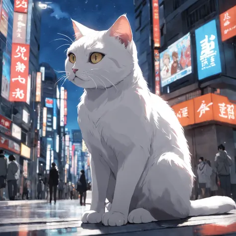 Un gato blanco haciendo una pose de gato, Ultra High Definition and Ultra High Resolution, ciudad en el fondo, paso de cebra, Luz roja, Tokio, Cruce de Shibuya, Concurrido