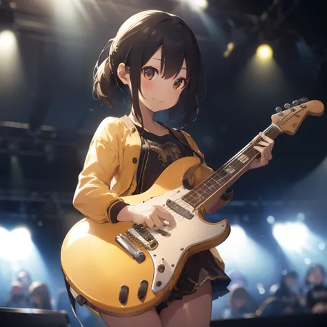 1girl in, long, electric guitars, solofocus, (depth of fields, Ambient lighting, Blurred foreground, blurry backround:1.3), Atmosphere, Light flare, intricate detailes, enhanced lighting、ssmile、Stage with the audience、portlate、Yellow jacket、Black shorts