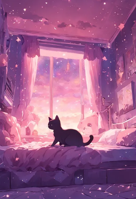 Kawaii room with a Siamese cat stored in bed computer window gamer with stars in the sky