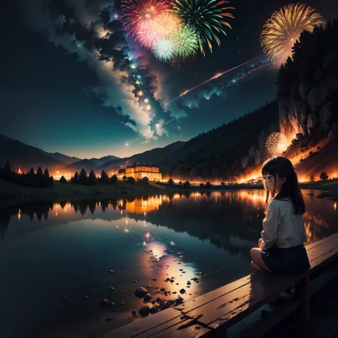 Night sky with fireworks, With Van Gogh starry night painting style, Rolling hills in the background, Fireworks。One of the girls loomed