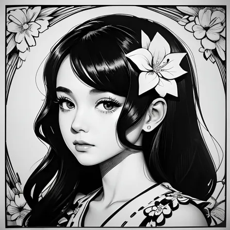 Black and white stick figure 1 girl with flowers,  lots of flowers in background, loli in dress with flowers, its fine ink line art, comic style, portrait of ploynesian girl, Marilyn Munroe, Hollywood glam, beautiful line art, black and white comic style, ...