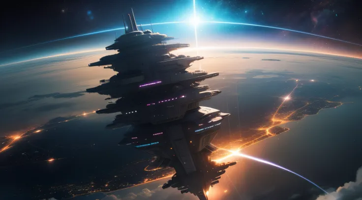 Countless spaceships stayed over the city，Attack cities on the ground，interstellar war，A clash of extraterrestrial civilizations，sci-fy，The city of the future