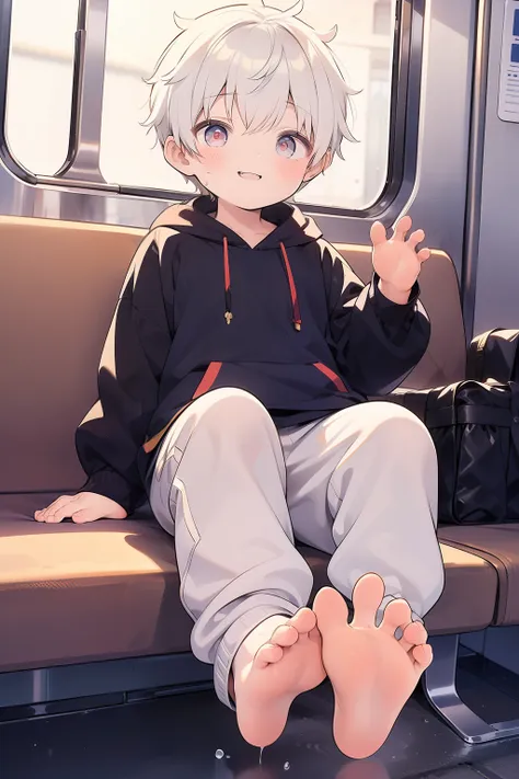 masterpiece, chubby little boy with golden hair and shiny bright red eyes and barefoot wearing a hoodie, and oversized sweatpant...