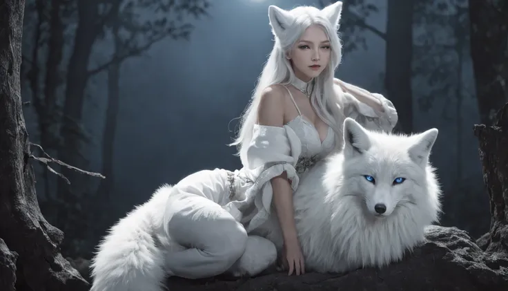 (Next to the anime girl with white fur fox ears before the full moon is a huge white nine-tailed fox:1.5), fantasy fox love, White-haired fox, white fox anime, Anime fantasy illustration,(dark forest background，Blue transparent smoke surrounds:1.8), art of...