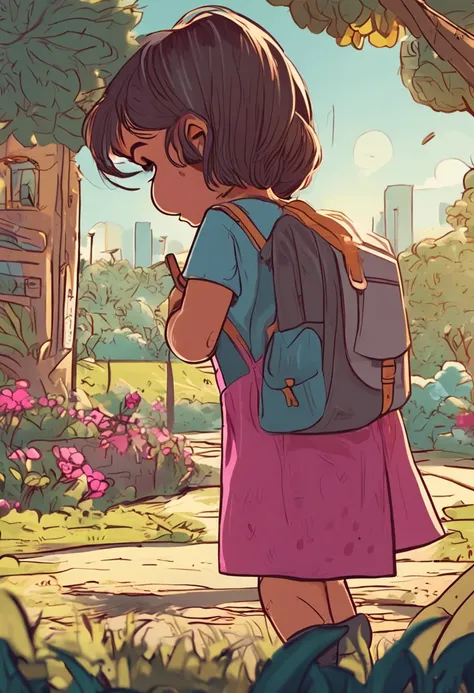 A very adorable little girl admiring the scenery. The illustration is in high definition with a resolution of 4k, con rasgos faciales muy detallados y efectos visuales estilo caricatura.