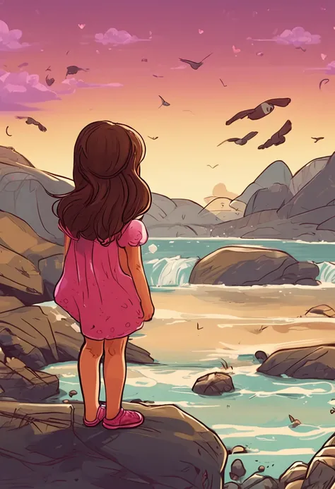 A very adorable little girl admiring the scenery. The illustration is in high definition with a resolution of 4k, con rasgos faciales muy detallados y efectos visuales estilo caricatura.