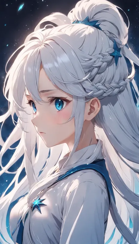 A girl with long white hair with a thin twisted braid on the right side with long white hair is a gray-blue eye of an eight-pointed star