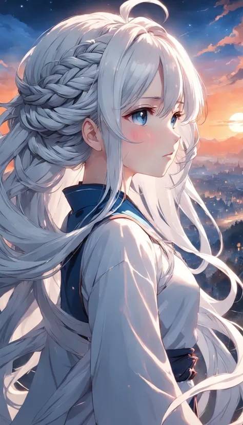 A girl with long white hair with a thin twisted braid on the right side with long white hair is a gray-blue eye of an eight-pointed star