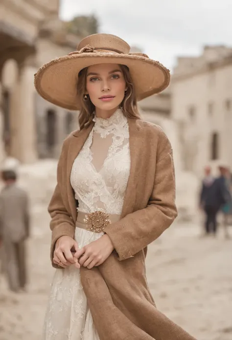 um homen usando chapeu,cidade ao fundo,roupas sociais