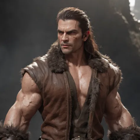 (Professional 3D rendering:1.3) of (Realistic:1.3) The most beautiful art in the world，There are soft and shiny male heroes., ((Epic fantasy hero, muscle, rough man, wet, angry hero, watch long hair, short beard and fierce expression in dynamic poses., Gre...