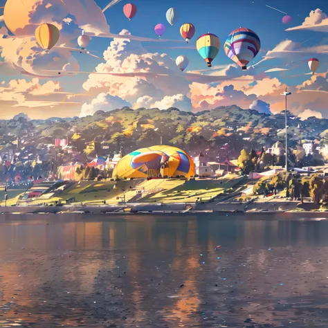 there is a yellow hot air balloon over the hill above the water, taken with iphone 1 3 pro max, taken with iphone 1 3 pro, taken with iphone 1 3 pro, taken with iphone 14 pro, taken with sony alpha 9, by Okuda Gensō , remote, taken with iphone 1 0, okuda, ...