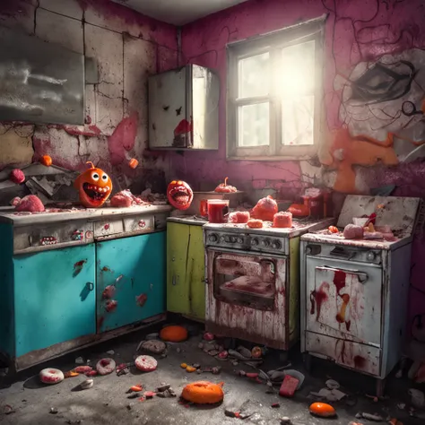 monstros feitos de doces ocupam uma cozinha abandonada, Monsters are made of candy and have scary teeth and eyes, The kitchen has been abandoned for many years and is very dirty, There are ketchup marks on the floor and walls, melhor qualidade, master part...