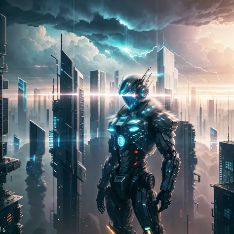 cyber punk perssonage [Hazy cityscape in the distance：A man in a mech，城市：0.33] Immerse yourself in the immense wind current，Live in thunderclouds，Behind the clouds，（Doubleexposure：1.3），photography of：Brandon Woelfelmist，Surreal dreams，Gray atmosphere，rainy...