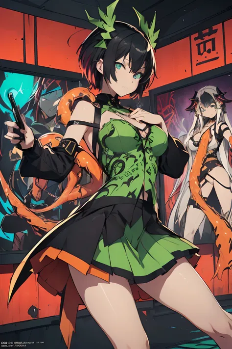 ((((dramatic))), (((gritty))), (((intense))) film poster, ((Best Quality)) ((Masterpiece)) 1girl, 19 year old, black hair, pixie bob haircut, flirty smirk ((( light green fairy straplessdress ))) (((mini skirt))) ((( upskirt ))) ((slender)) (busty) ((sexy ...