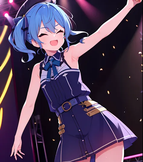 sui1, 1girl, side ponytail, hoshimachi suisei, presenting armpit, stage, cowboy shot, short hair, eyes closed