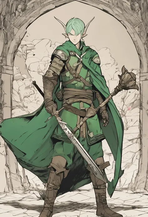 in Japanese anime style, imagine an adult Elf man with short, green hair holding a shield and a spear in each hand. , design, desenvolvimento detalhado do conceito do personagem, model shet