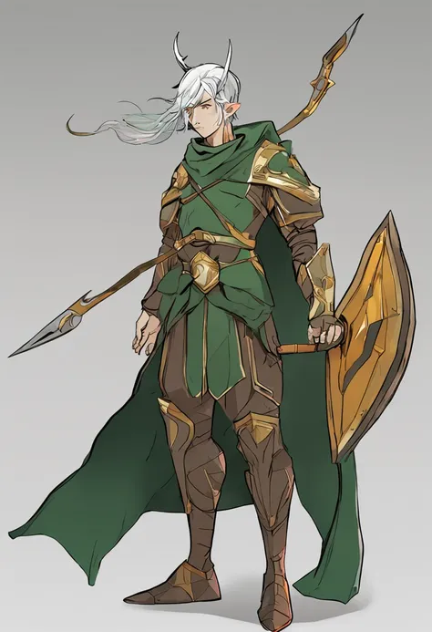 in Japanese anime style, imagine an adult Elf man with short, green hair holding a shield and a spear in each hand. , design, desenvolvimento detalhado do conceito do personagem, model shet