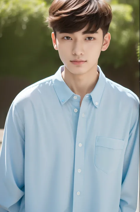 Portrait of a 20-year-old Japan male idol painted in spring business style/Summer. Wearing a light blue Uniqlo button-up shirt, Slim Fit Zara Pants, and white Converse sneakers. Combination with Seiko casual watches. The face is young々Reflects energy and t...