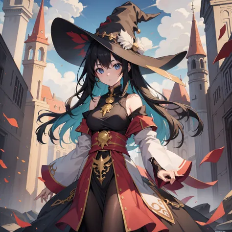 anime girl, black hair, wizard tower, full body shot, sexy, large breasts, skinny