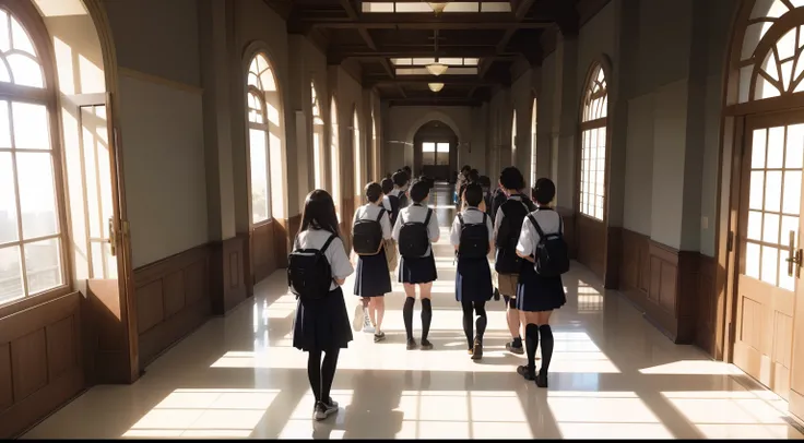 "I want you to generate an image of a spacious and grand anime-style school hallway, with a top-down viewpoint.

The image depicts a vast and impressive school hallway in an anime style, seen from above. The hallway is expansive, with grand arches and high...