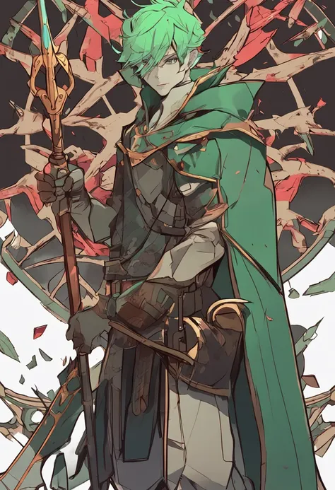 in japanese anime style, imagine um homem elfo adulto com short, green hair holding a shield and a spear in each hand. , design, desenvolvimento detalhado do conceito do personagem, Modelo vende, perspective