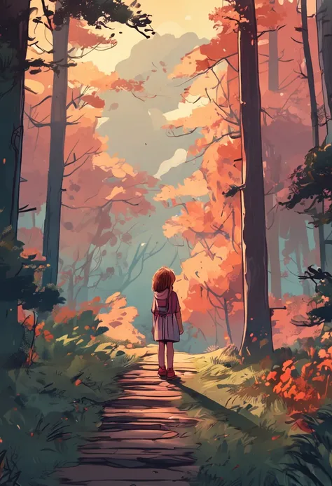 A very adorable girl, white admiring the landscape of the forest The illustration is in high definition with a resolution of 4k, con rasgos faciales muy detallados y efectos visuales estilo caricatura.