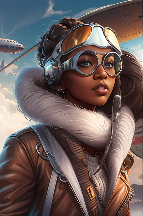 beautiful african american woman in aviator jacket, white scarf and aviator bomber hat with goggles standing next to a plane, digital painting, digital illustration, extreme detail, digital art, 4k, ultra hd. her skin is a deep, rich color and her hair is ...