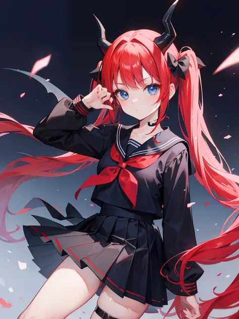 red hair, blue eyes, twintails, Sailor suit,black coat, Dragon horns,Pleated skirt,solo,loli,cute,bow