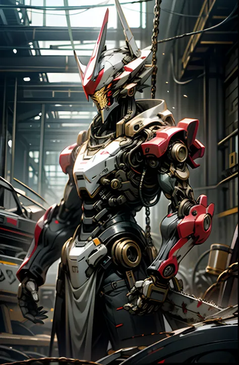 Dark_Fantasy,Cyberpunk,(chain saw,chain saw man,Red:1.1),1man,Mechanical marvel,Robotic presence,Cybernetic guardian,