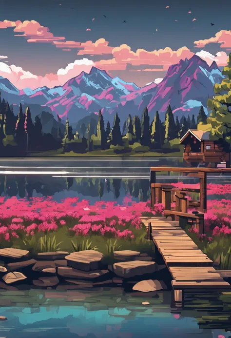 pixelart photorealistic stylized A photo of a peaceful lake with a wooden dock, a distant mountain range, and blooming wildflowers.