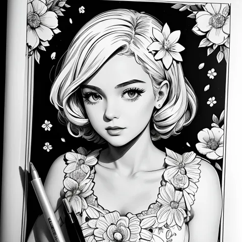 Black and white stick figure 1 girl with flowers,  lots of flowers in background, loli in dress with flowers, its fine ink line art, comic style, portrait of ploynesian girl, Marilyn Munroe, Hollywood glam, beautiful line art, black and white comic style, ...