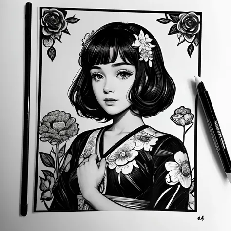 Black and white stick figure 1 girl with flowers,  lots of flowers in background, loli in dress with flowers, its fine ink line art, comic style, portrait of ploynesian girl, Marilyn Munroe, Hollywood glam, beautiful line art, black and white comic style, ...