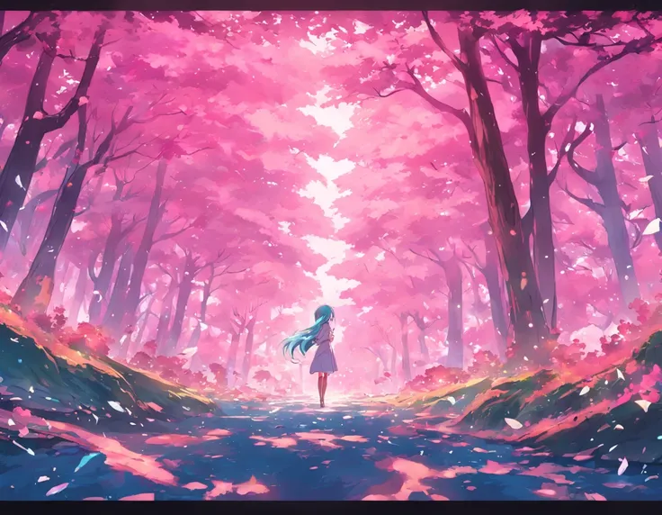 floresta com arvores cerejeiras rosa, With bright blue flux reflecting the 4K sky, Sem estilo anime, fundo do jogo , lacing , melhor imagem