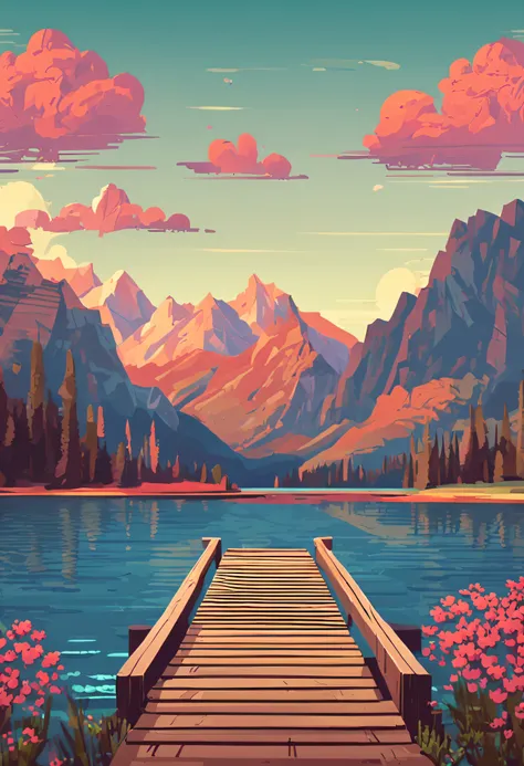 pixelart photorealistic stylized A photo of a peaceful lake with a wooden dock, a distant mountain range, and blooming wildflowers.