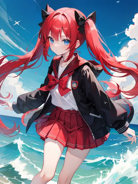 red hair, blue eyes, twintails, Sailor suit,black coat, Pleated skirt,solo,loli,cute,bow