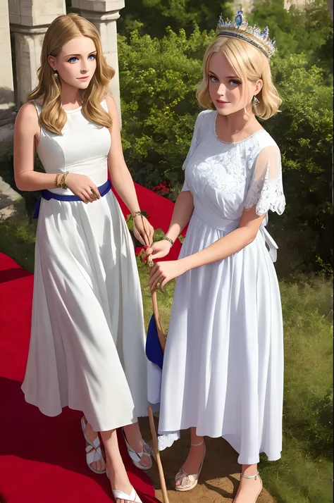 blonde with blue eyes，Royal sister，Short white dress，The royal sister held a stick between her feet