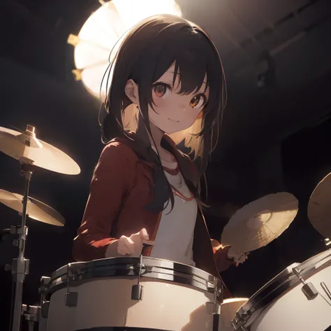 1girl in, long,Drum kit、, (depth of fields, Ambient lighting, Drum kit:1.5), solofocus, (depth of fields, Ambient lighting, Clear backgrounds:1.3), Atmosphere, Light flare, intricate detailes, enhanced lighting、ssmile、Stage with the audience、portlate、Red j...