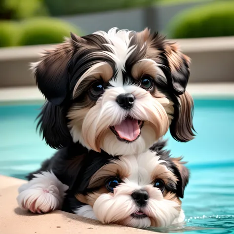 hyper Quality,Cute two Shih Tzu puppies,different body colors,swimming in the pool,smile,black eyes,barking,narrow eyes,smile,eos r3 28mm