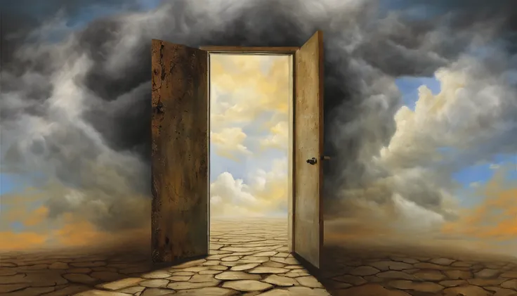 a close-up of a door leading to a cloud in the sky, nuvens hiper realistas, dreamlike surrealism, Dreams invade mundane spaces, Nuvens surreais, Surrealismo!!!!, Arte surrealista, magic portal in the sky, Surrealismo caprichoso, Portal dos Sonhos, em uma n...