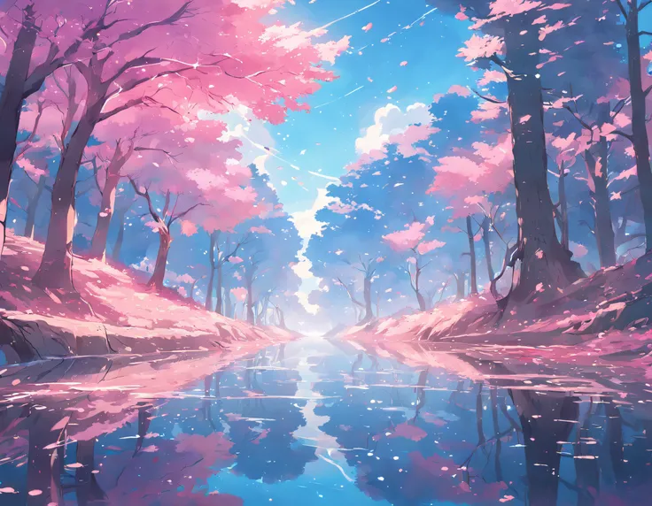 floresta com arvores cerejeiras rosa, with bright blue stream reflecting the 4k sky, no estilo de anime, game background , loop , best image