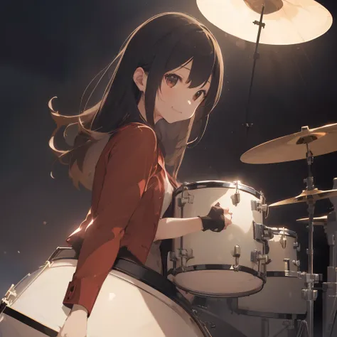 1girl in, long,Drum kit、, (depth of fields, Ambient lighting, Drum kit:1.5), solofocus, (depth of fields, Ambient lighting, Clear backgrounds:1.3), Atmosphere, Light flare, intricate detailes, enhanced lighting、ssmile、Stage with the audience、portlate、Red j...