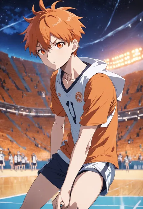 high res, masterpiece, Shouyou Hinata , orange hair, solo, 1boy, male, volleyball court, outside,blue sky, woods, , detailed eyes,