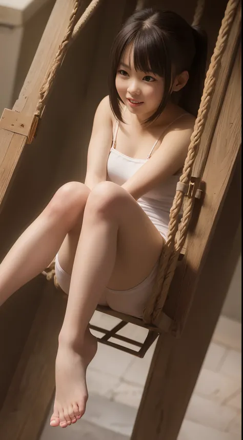 Little girl on top，Looking down，from below，White light panties，sitting on a swing，Crotch view，bottom angles，Mocking expressions，Smiling，White light bandeau，Large angle upward view