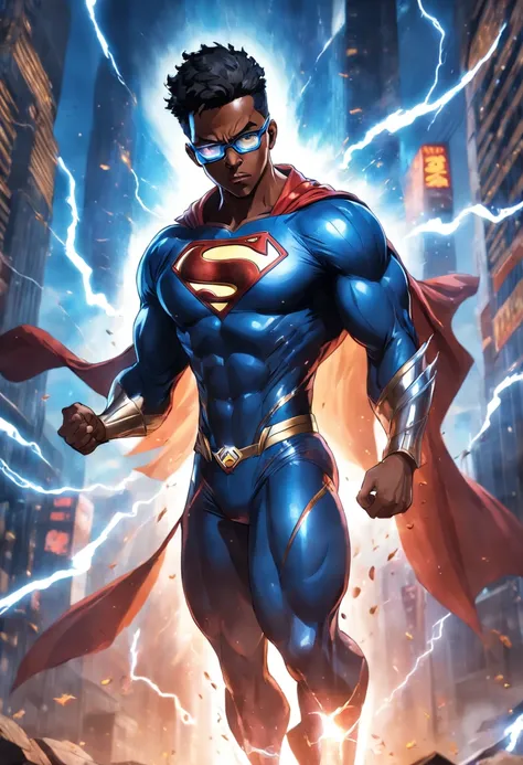 (best quality:1.33), (masterpiece:1.42), (realistic:1.24), (detailed:1.15), Generate an image of a 34-year-old black man with glasses dressed as a superman with flashy special effects and eye-catching, such as bursts of energy or lightning, Ross Tran style...