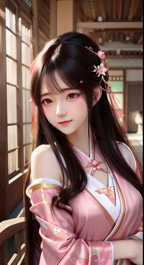 a woman in a pink dress posing for a picture, trending on cgstation, Guviz-style artwork, Beautiful anime girl, Chinese girl, Japanese goddess, Palace ， A girl in Hanfu, a beautiful anime portrait, attractive anime girls, Smooth anime CG art, Beautiful ani...