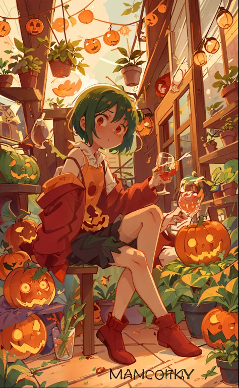 in container, 1girl, solo, short hair, red eyes, short pants, green hair, full body, sitting, (drinking glass:1.2), in drinking glass, looking at viewer, side view, a glass of pumpkin juice, plants on background, hanging lanterns, wood floor, pot plants, j...