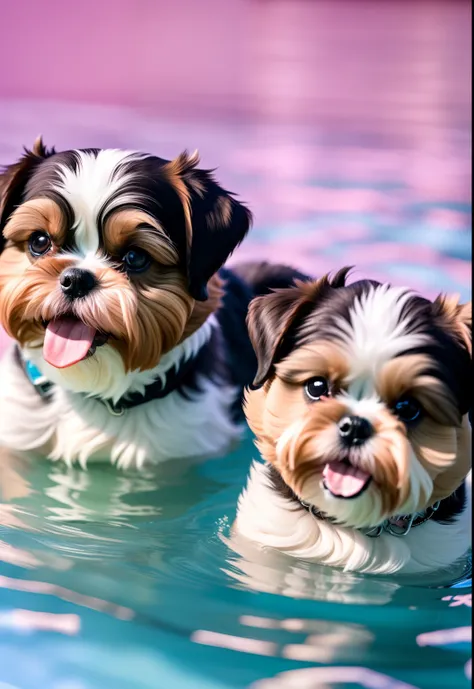 hyper Quality,Cute two Shih Tzu puppies,different body colors,swimming in the pool,smile,black eyes,barking,narrow eyes,smile,eos r3 28mm