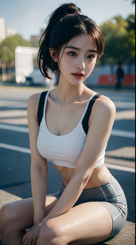 ((Top  Quality、8K、​masterpiece:1.3))、a tall and beautiful woman、Perfect Figure:1.4、Slim Abs、dark brown hairstyle、shorth hair、Light grey yoga pants、No postural movement、Stand up straight、Huge bust、Highly detailed facial and skin texture、A detailed eye、Doubl...