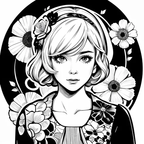 Black and white stick figure 1 girl with flowers,  lots of flowers in background, loli in dress with flowers, its fine ink line art, comic style, portrait of ploynesian girl, Marilyn Munroe, Hollywood glam, beautiful line art, black and white comic style, ...